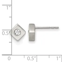 A pair of silver square stud earrings with bezel-set round diamonds, shown front and back view with a ruler indicating approximately 0.5 inches in height.