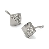A pair of square stud earrings in white metal with diamond pavé inlay on the upper half and brushed finish on the lower half, shown from two angles on posts.