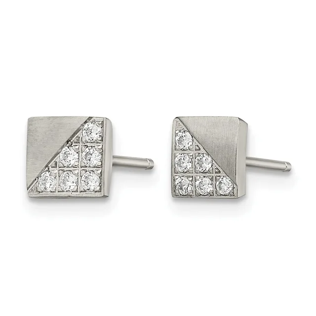 Pair of square stud earrings in brushed silver with diagonal striped pattern and diamond inlays, shown from front and back views.