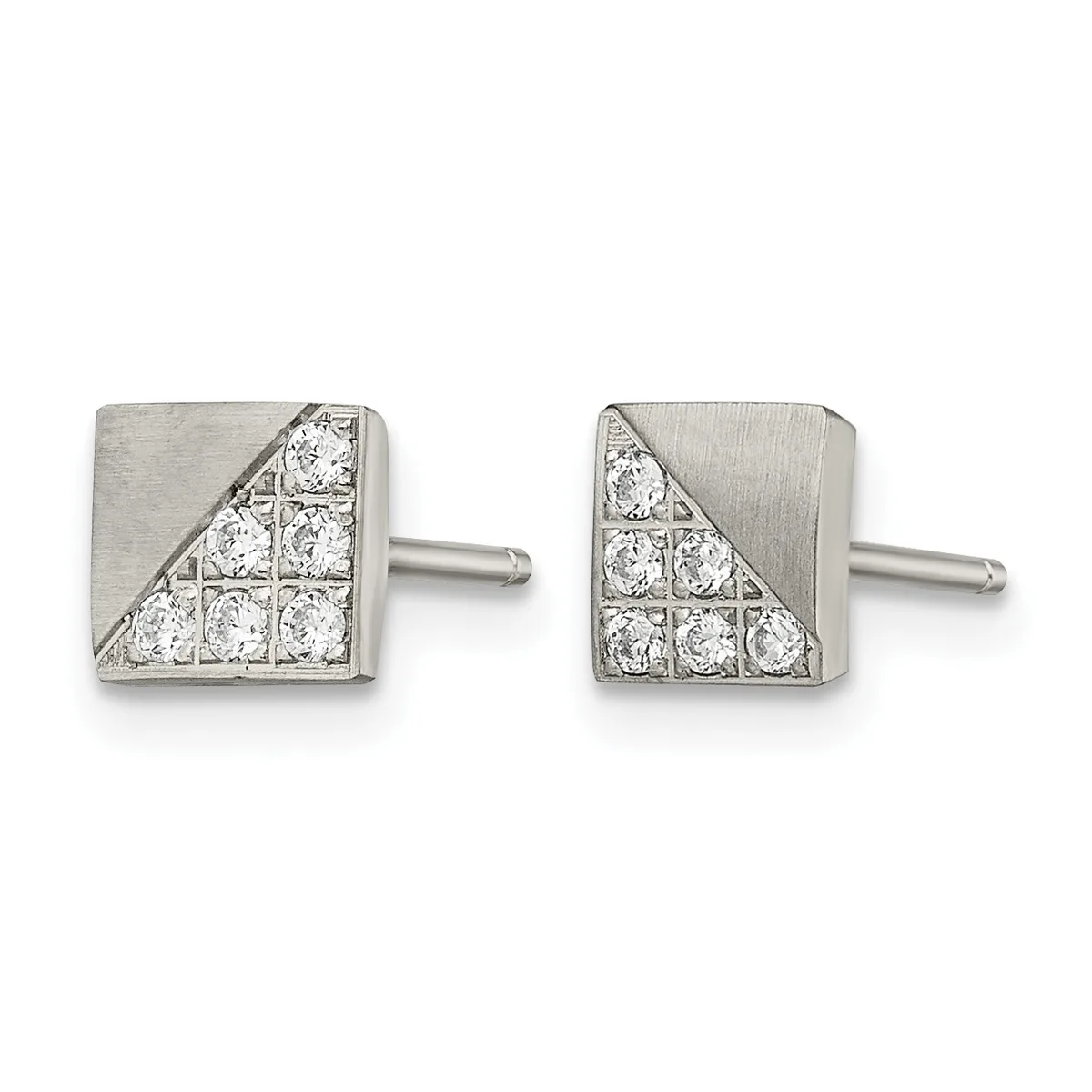 Pair of square stud earrings in brushed silver with diagonal striped pattern and diamond inlays, shown from front and back views.