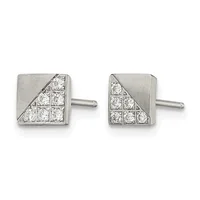 Pair of square stud earrings in brushed silver with diagonal striped pattern and diamond inlays, shown from front and back views.