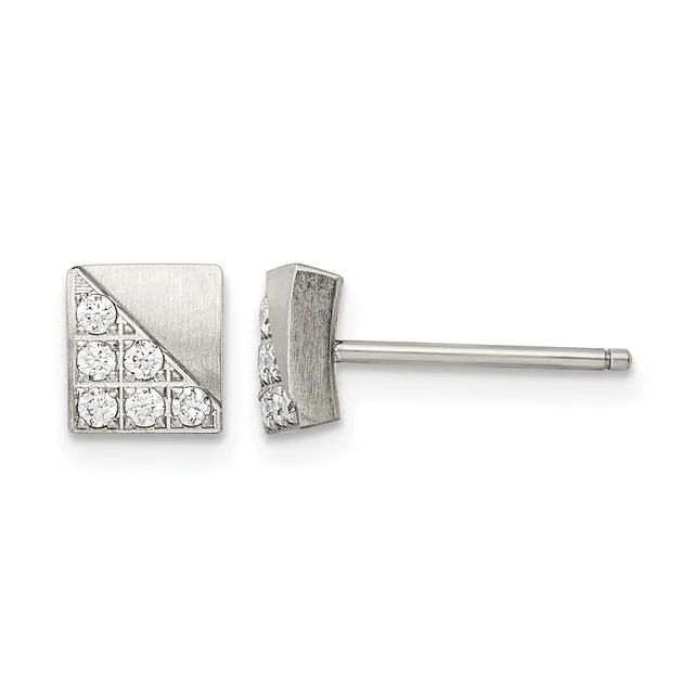 Pair of square silver stud earrings with cubic zirconia stones arranged in a geometric pattern, shown from front and back views with posts and backs.