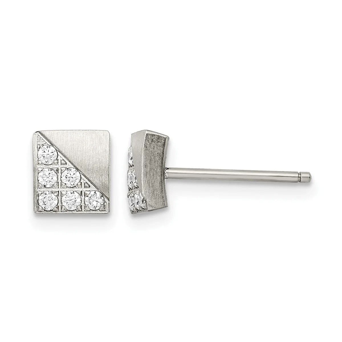 Pair of square silver stud earrings with cubic zirconia stones arranged in a geometric pattern, shown from front and back views with posts and backs.