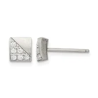 Pair of square silver stud earrings with cubic zirconia stones arranged in a geometric pattern, shown from front and back views with posts and backs.