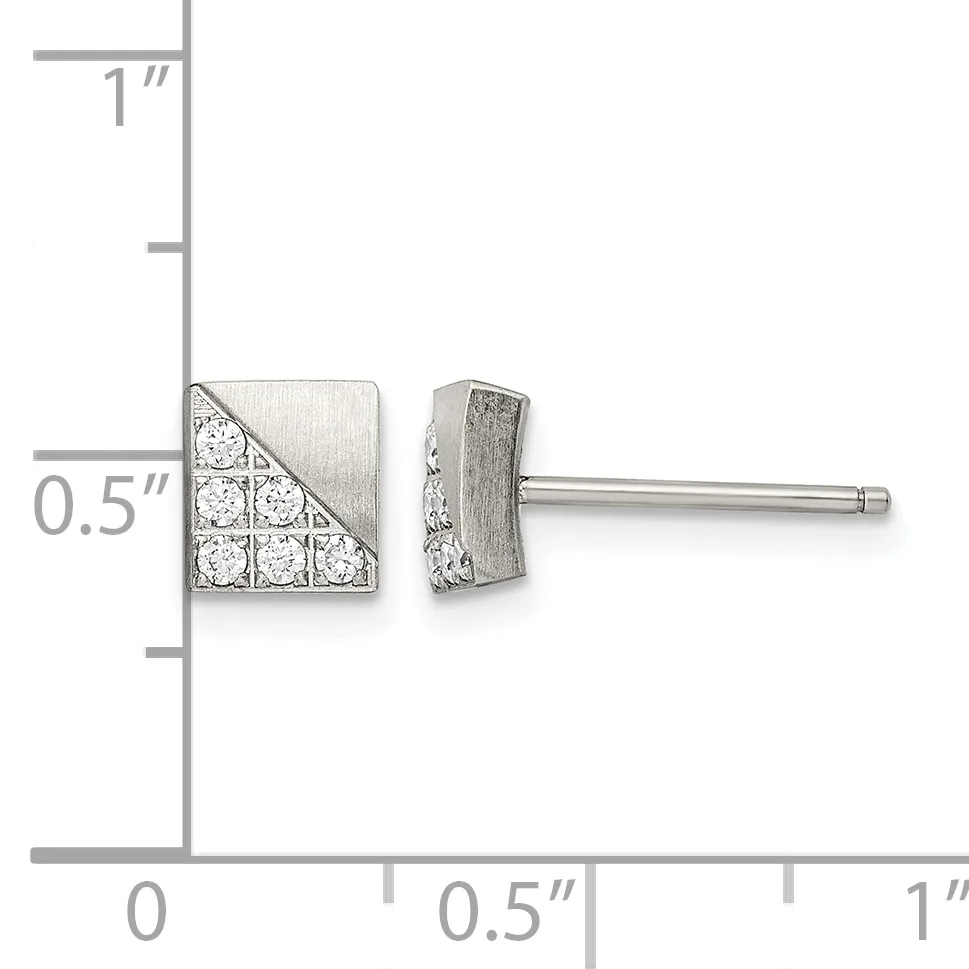 A pair of square diamond stud earrings with a diagonal line design, shown front and side view against a measurement scale indicating approximately 0.5 inches in size.