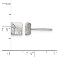 A pair of square diamond stud earrings with a diagonal line design, shown front and side view against a measurement scale indicating approximately 0.5 inches in size.