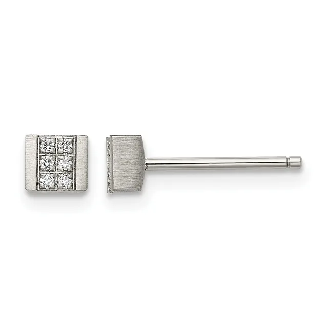 Pair of square stud earrings with four diamonds arranged in a grid pattern, shown from front and side views on a post and backing.