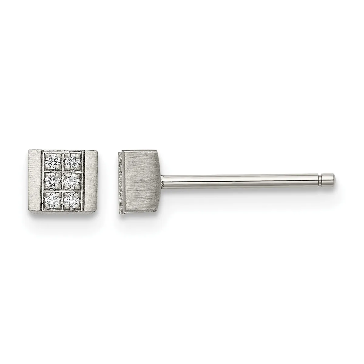 Pair of square stud earrings with four diamonds arranged in a grid pattern, shown from front and side views on a post and backing.