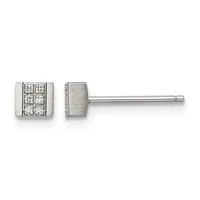 Pair of square stud earrings with four diamonds arranged in a grid pattern, shown from front and side views on a post and backing.