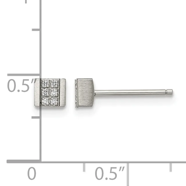 Square diamond stud earrings with brushed metal posts and backs, shown on a scale indicating approximately 0.5 inches in width.