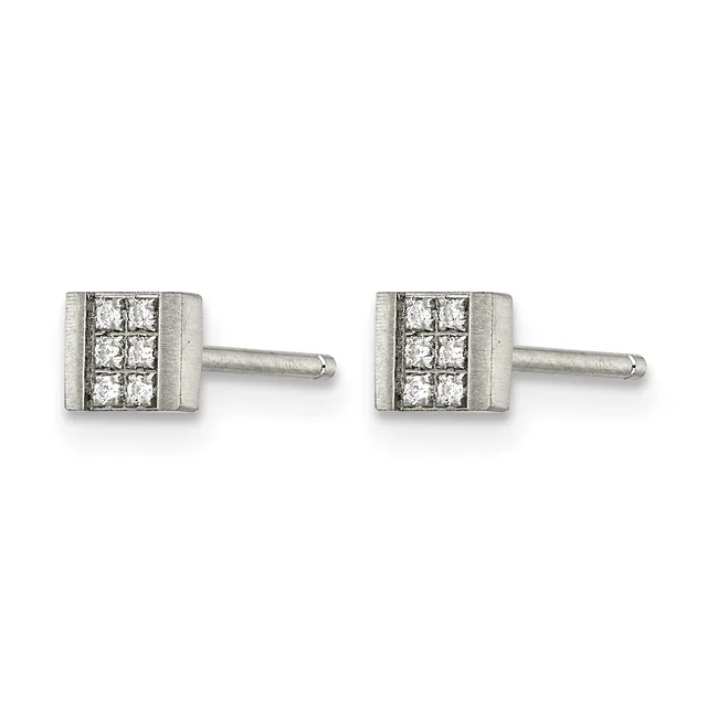 A pair of square diamond stud earrings with brushed silver settings and polished posts, displayed against a white background.