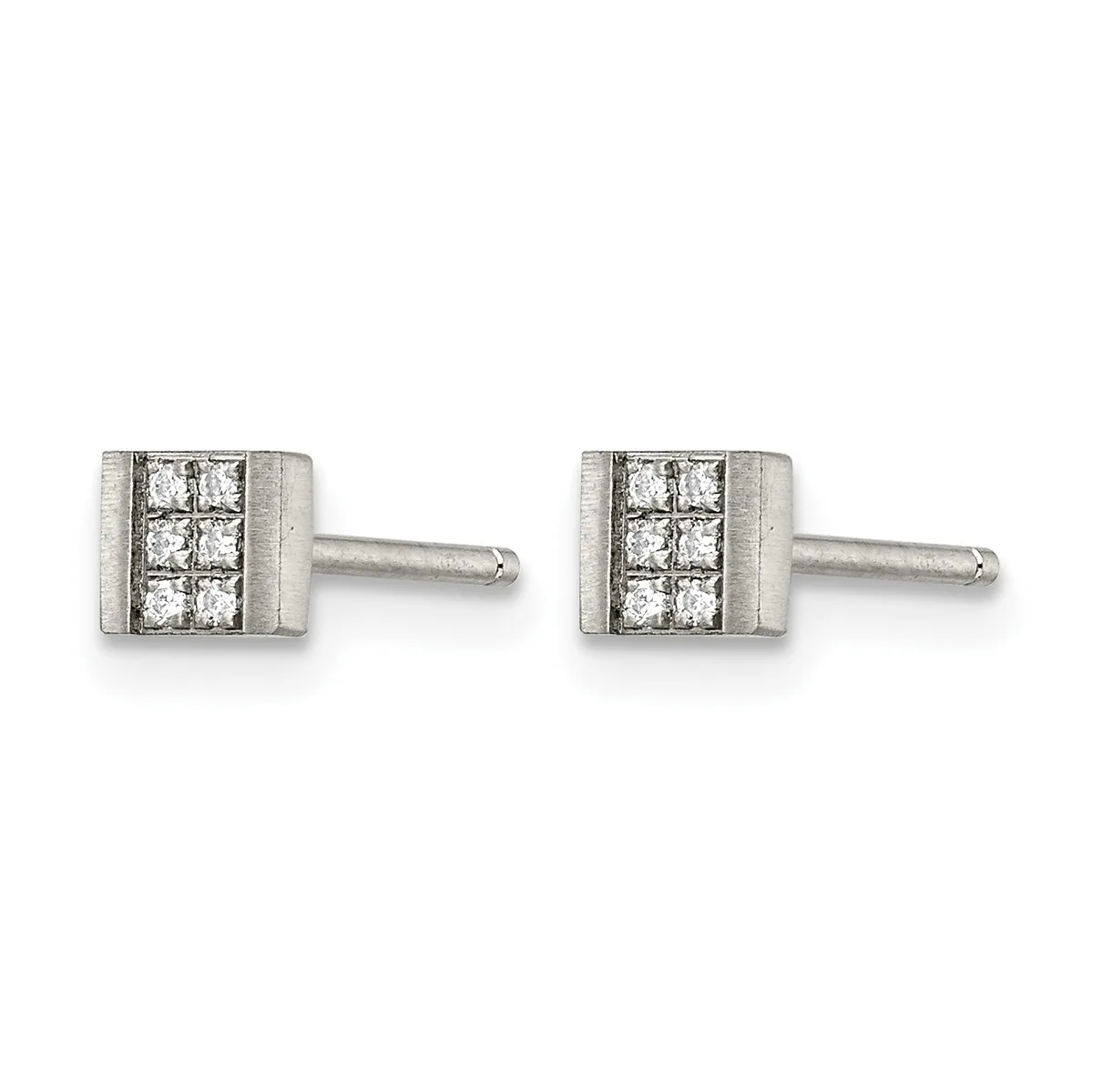 A pair of square diamond stud earrings with brushed silver settings and polished posts, displayed against a white background.