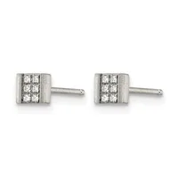 A pair of square diamond stud earrings with brushed silver settings and polished posts, displayed against a white background.