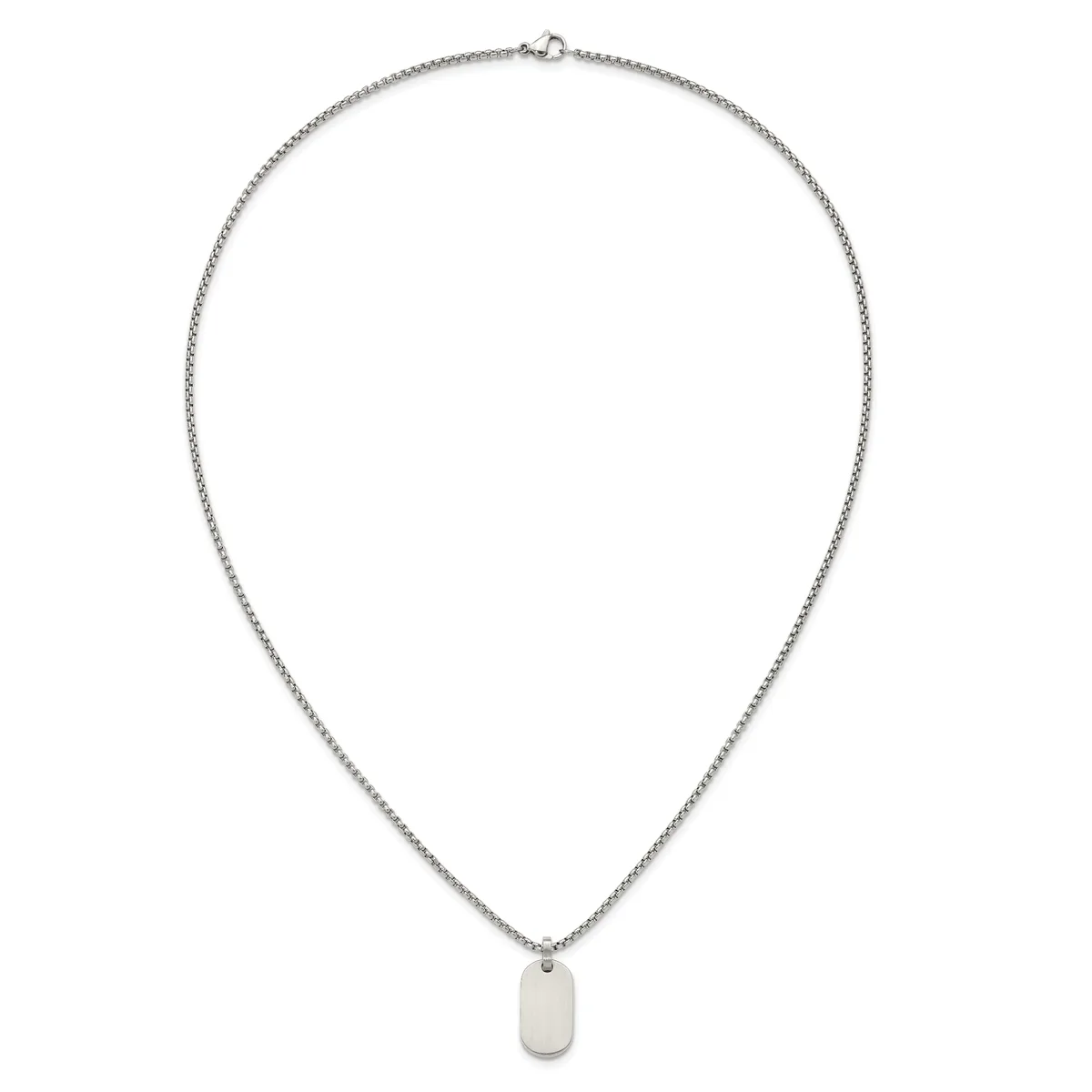 Silver-toned chain necklace with a small rectangular pendant hanging from the center.