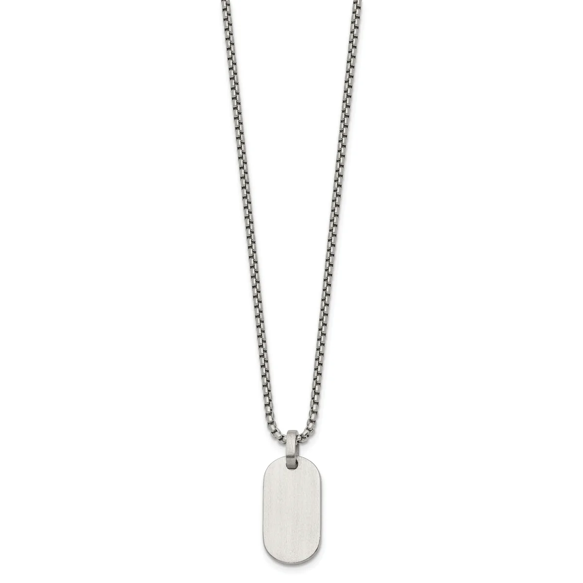 Stainless steel chain necklace with a polished rectangular pendant featuring rounded corners, displayed against a white background.