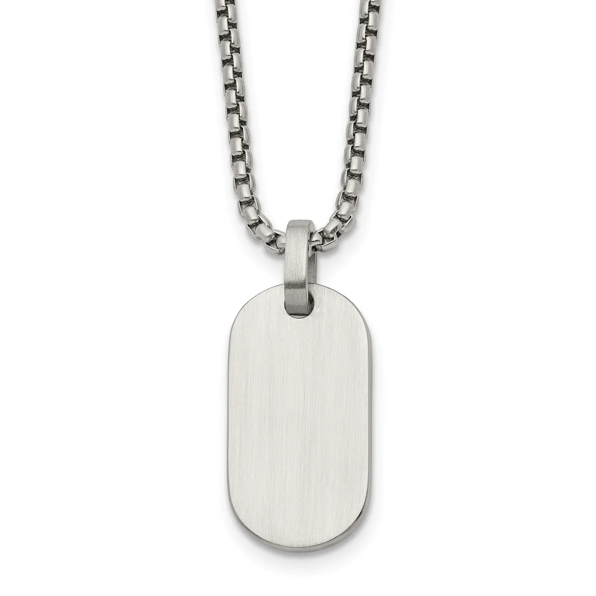 A brushed stainless steel dog tag pendant hangs from a matching stainless steel box chain necklace against a white background.