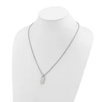 A silver-toned chain necklace with a small rectangular pendant displayed on a white mannequin bust.