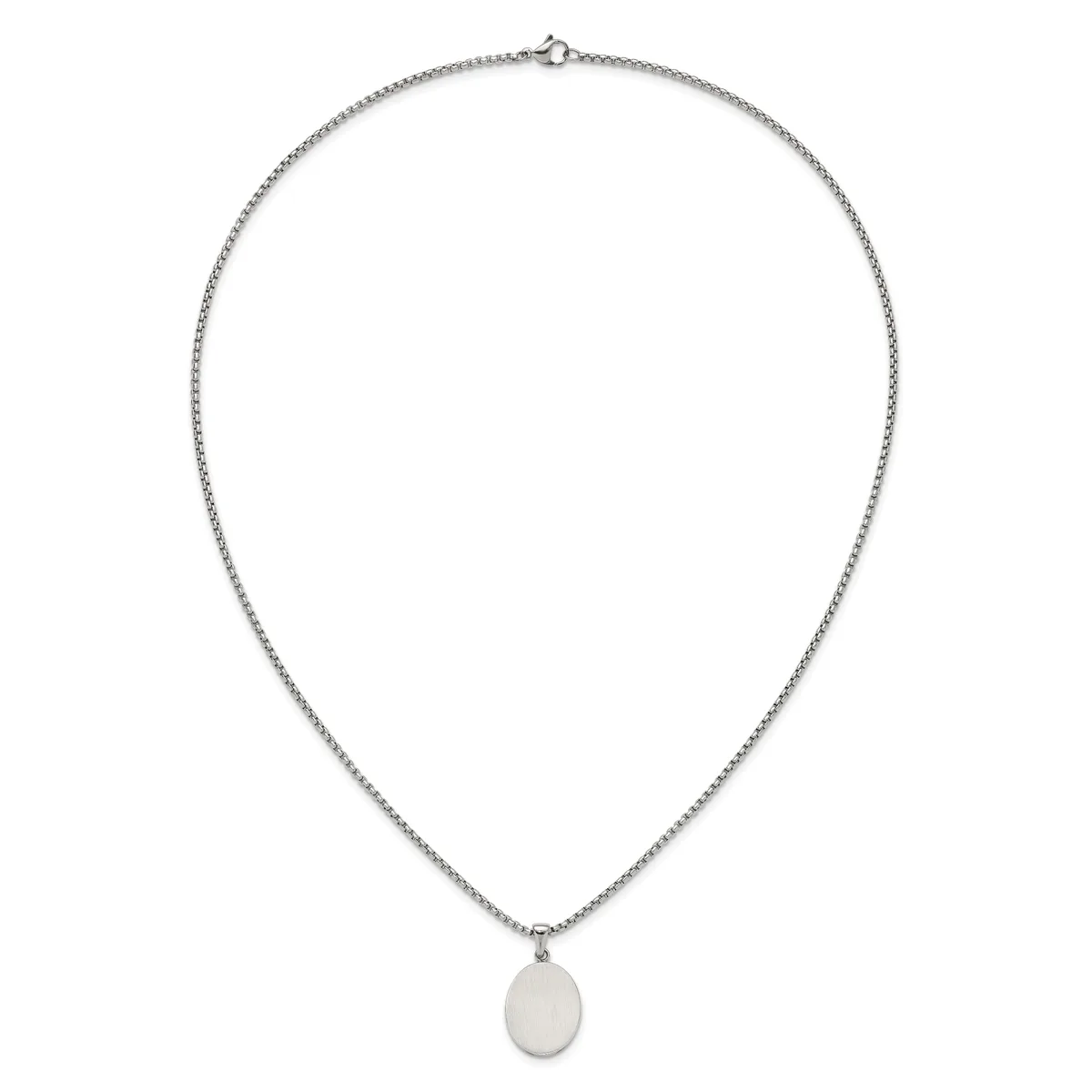 Silver chain necklace with a small oval pendant hanging from the center.