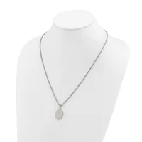 Silver-toned chain necklace with a small oval pendant displayed on a white mannequin bust.