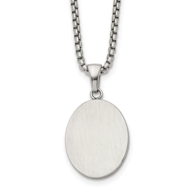 Stainless steel pendant necklace with a brushed oval disc charm hanging from a box-link chain.