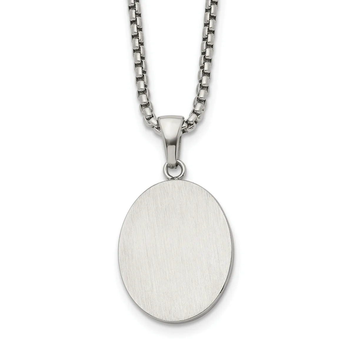 Stainless steel pendant necklace with a brushed oval disc charm hanging from a box-link chain.