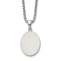 Stainless steel pendant necklace with a brushed oval disc charm hanging from a box-link chain.