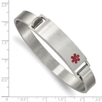 Stainless steel medical alert bracelet with red star symbol on rectangular plaque, shown next to ruler for scale.