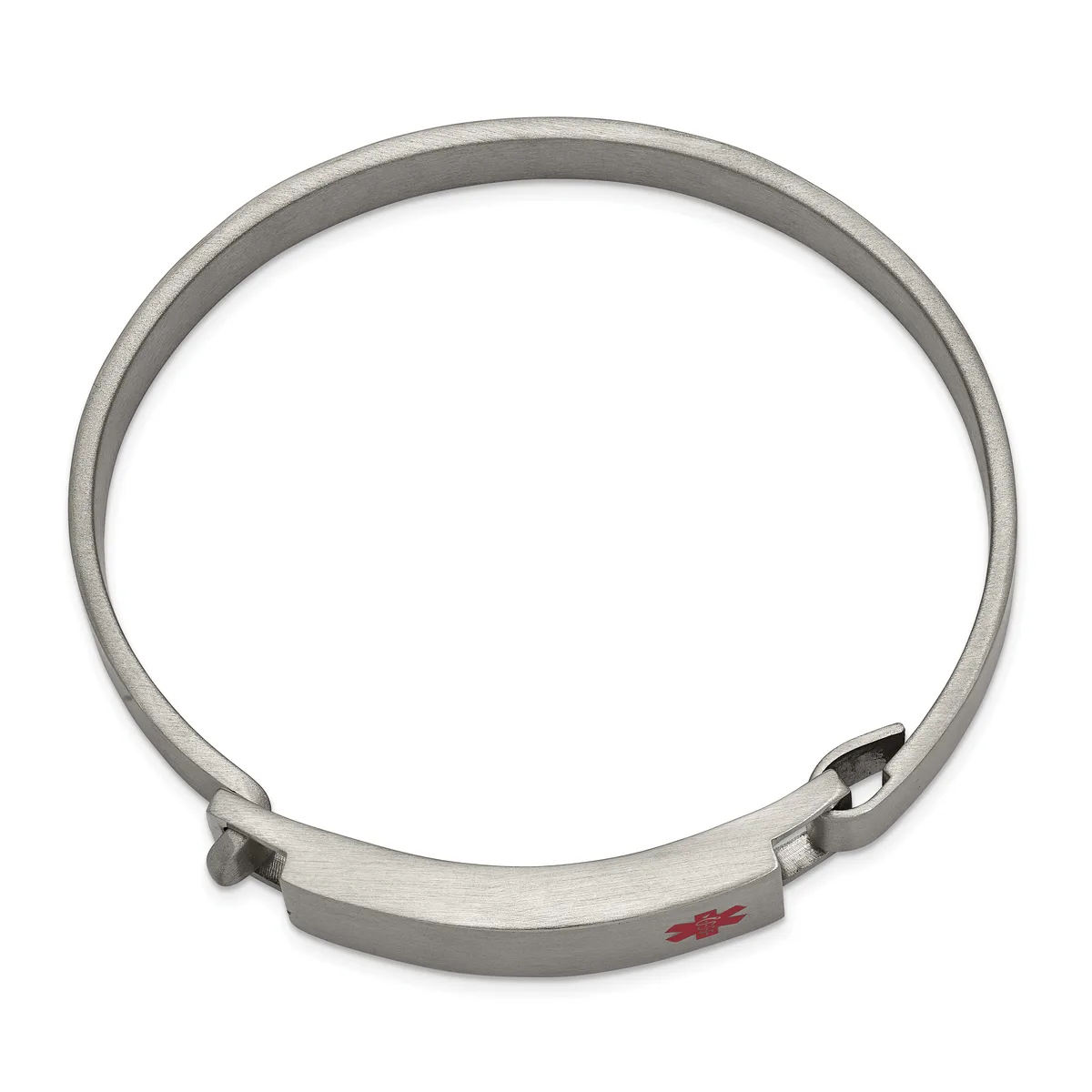 A silver-toned metal bangle bracelet with a hinged clasp mechanism and a small red stamped hallmark on the flat interior surface.