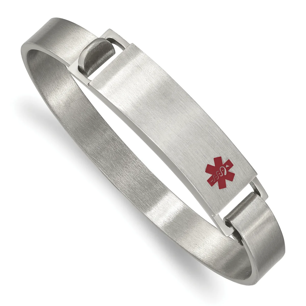 Brushed stainless steel medical alert bracelet with a red star symbol on the rectangular tag and a hinged closure mechanism.
