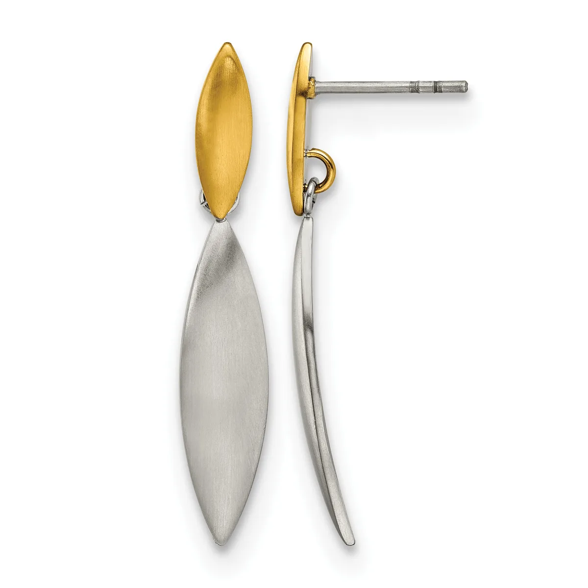 Pair of two-tone drop earrings with polished gold-colored oval tops and brushed silver-colored elongated teardrop bottoms, shown front and side view on posts with backs.