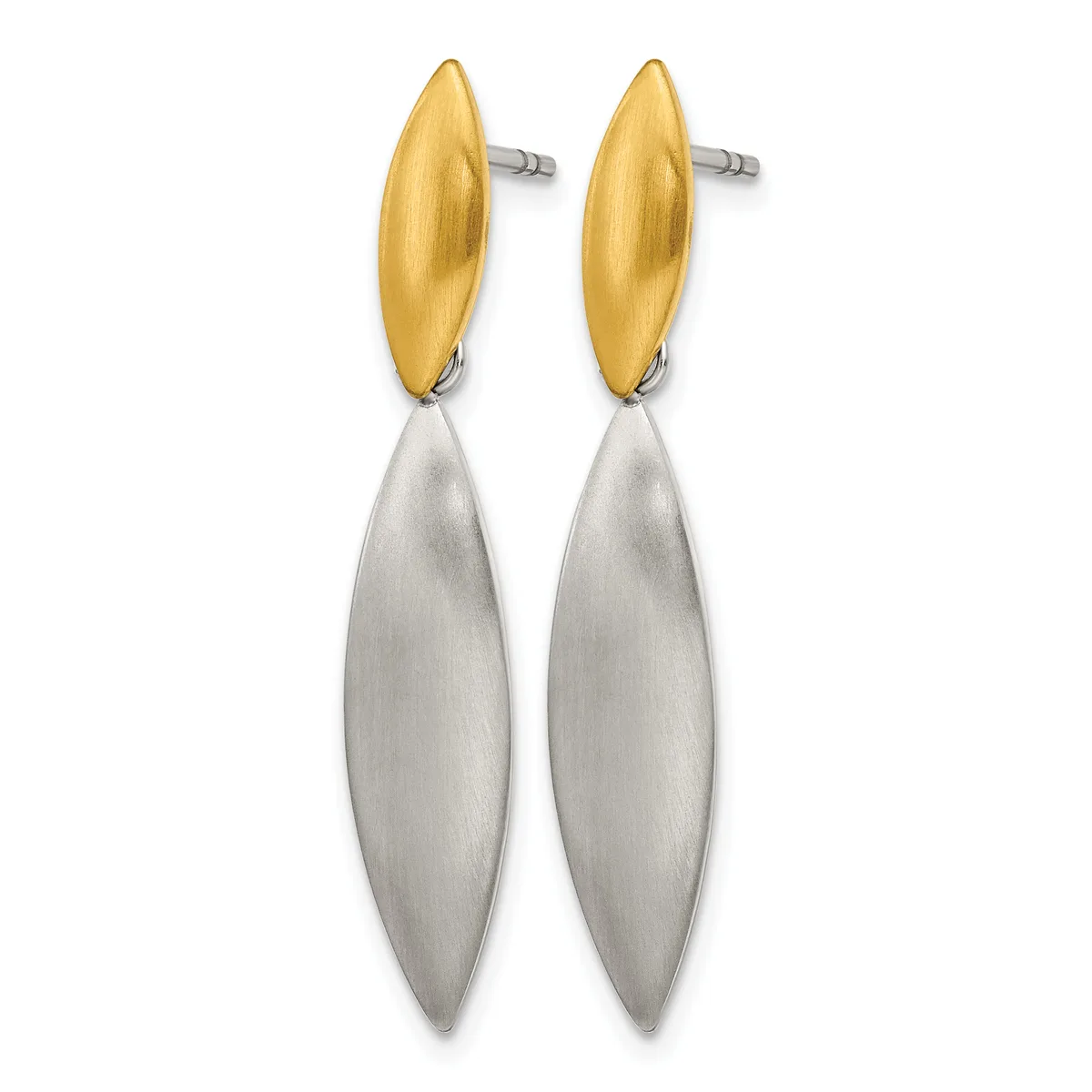 A pair of two-tone drop earrings with brushed gold ovals at the top connected to elongated silver teardrop shapes, displayed against a white background.