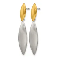 A pair of two-tone drop earrings with brushed gold ovals at the top connected to elongated silver teardrop shapes, displayed against a white background.
