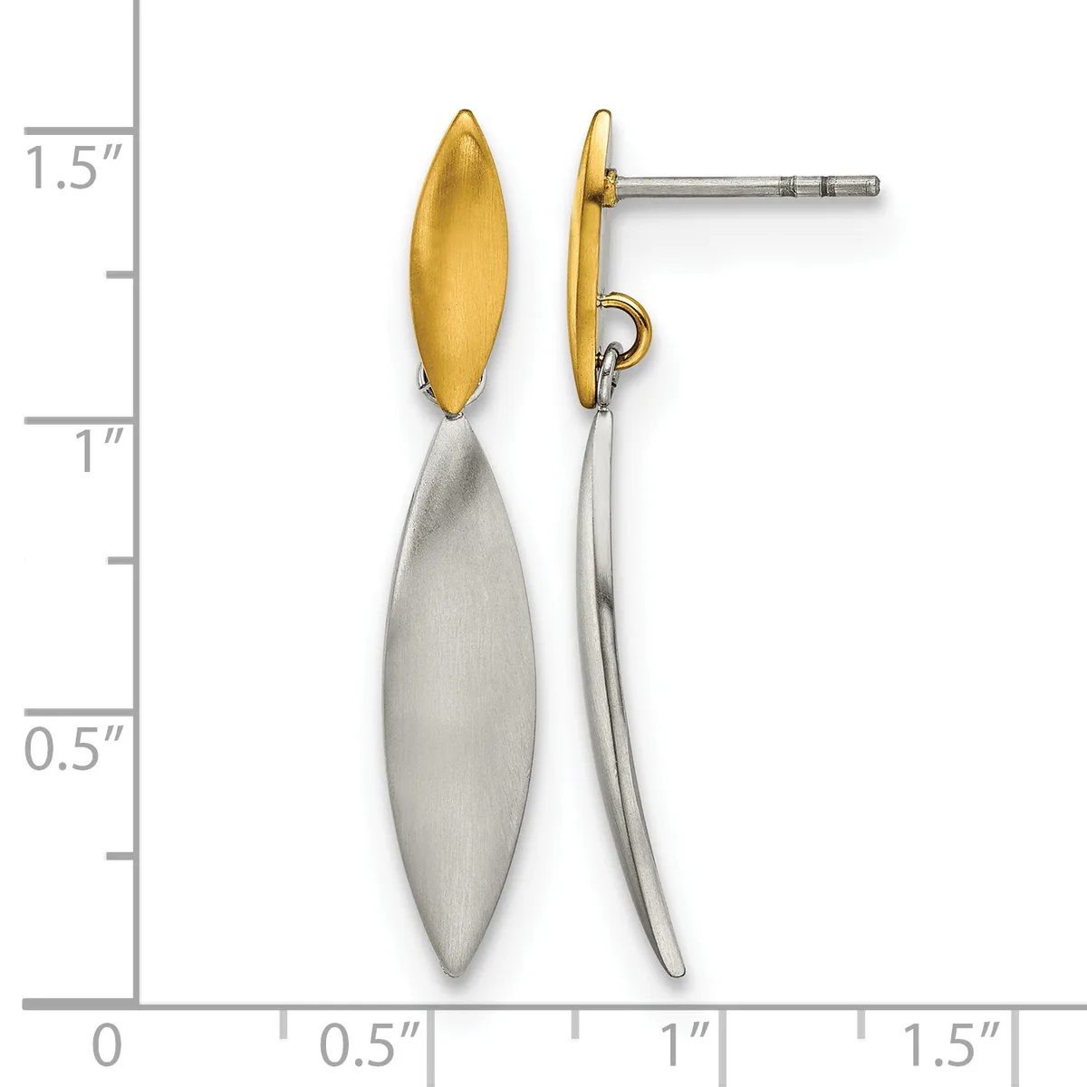 A pair of two-tone drop earrings with polished gold oval tops and brushed silver elongated oval bottoms, shown against a measurement scale indicating approximately 1.5 inches in length.