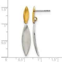 A pair of two-tone drop earrings with polished gold oval tops and brushed silver elongated oval bottoms, shown against a measurement scale indicating approximately 1.5 inches in length.