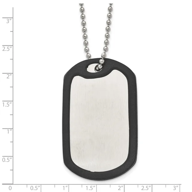 A stainless steel dog tag with black rubber border and chain necklace, displayed against a measurement ruler showing approximately 2 inches in height.