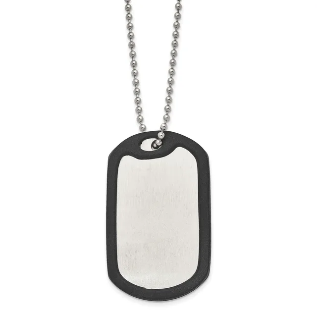 A stainless steel dog tag pendant with a brushed silver center and black rubber border, suspended from a ball chain.