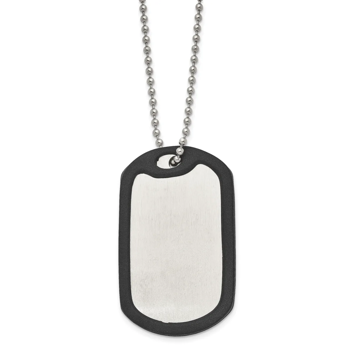 A stainless steel dog tag pendant with a brushed silver center and black rubber border, suspended from a ball chain.