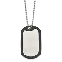A stainless steel dog tag pendant with a brushed silver center and black rubber border, suspended from a ball chain.