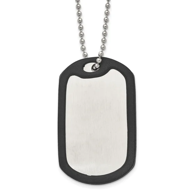 A dog tag pendant with a polished silver rectangular center panel surrounded by a black matte border, suspended from a ball chain necklace.