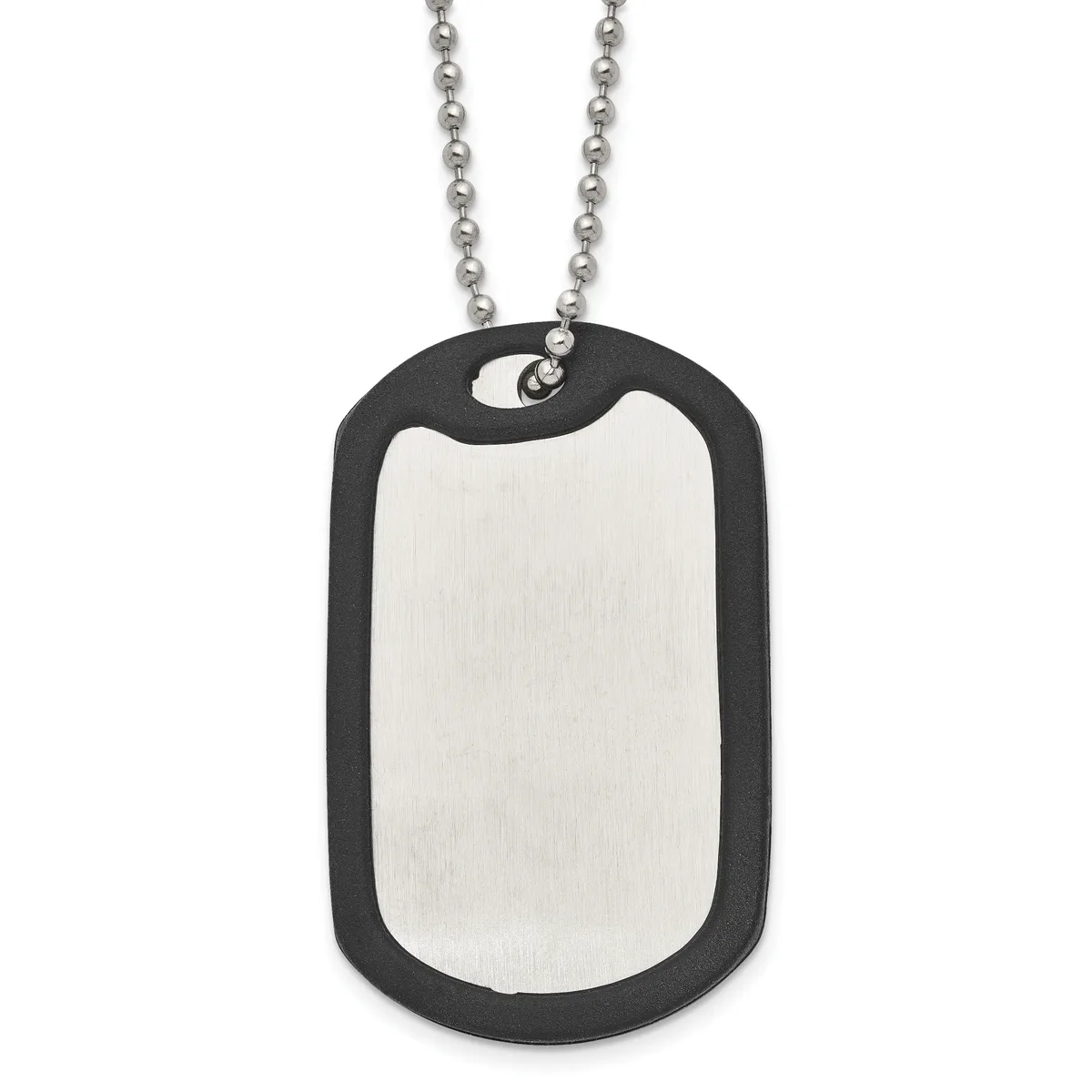 A dog tag pendant with a polished silver rectangular center panel surrounded by a black matte border, suspended from a ball chain necklace.