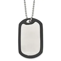 A dog tag pendant with a polished silver rectangular center panel surrounded by a black matte border, suspended from a ball chain necklace.