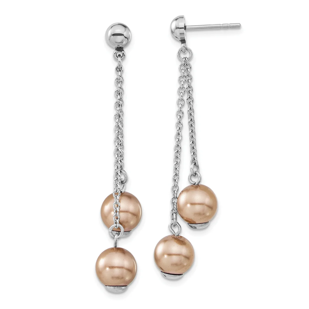 Pair of silver-tone dangle earrings with chain strands suspending two bronze-colored pearl spheres on each earring.