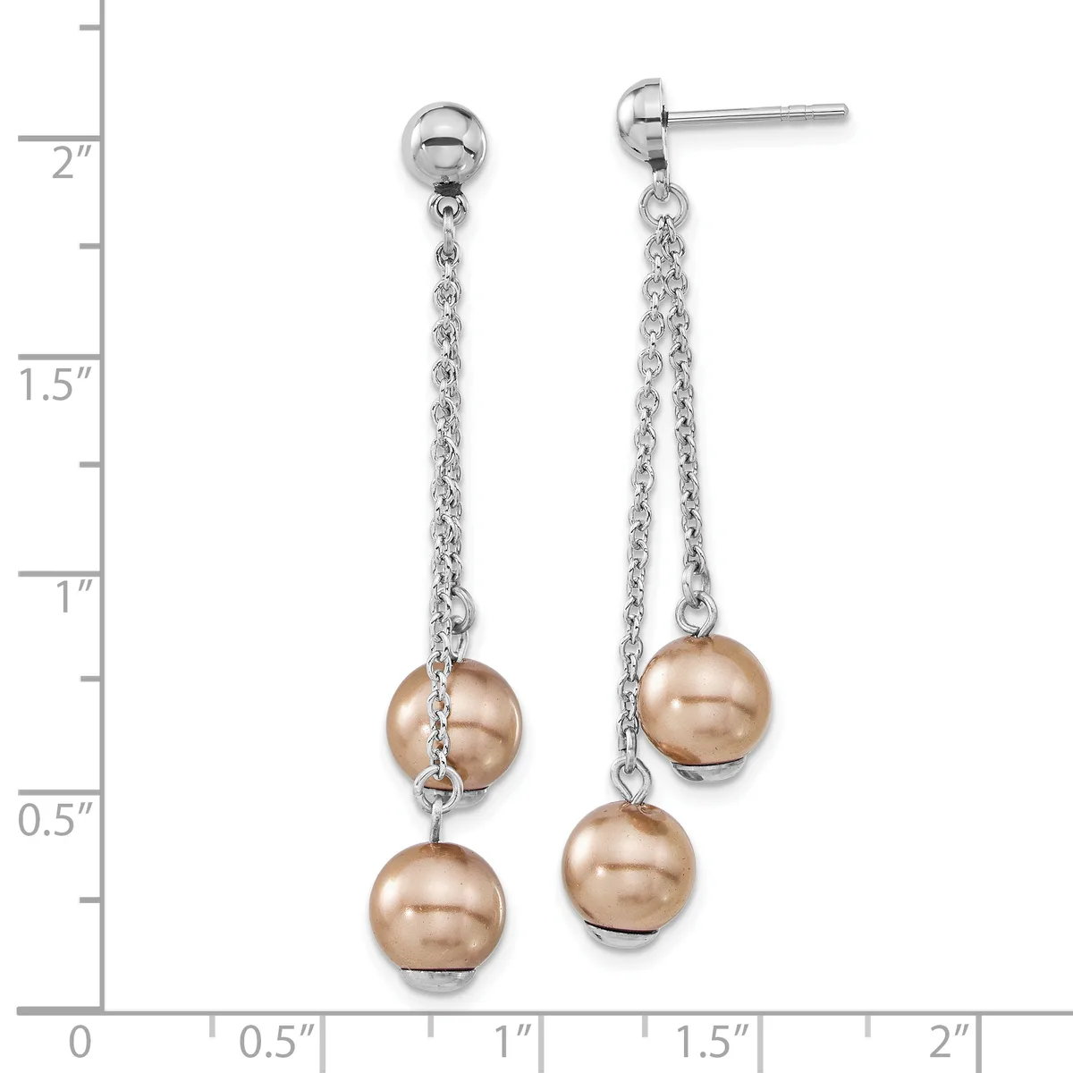 Pair of silver-toned dangle earrings with chain drops suspending bronze-colored pearl spheres, displayed against a measurement scale.