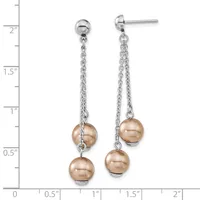 Pair of silver-toned dangle earrings with chain drops suspending bronze-colored pearl spheres, displayed against a measurement scale.