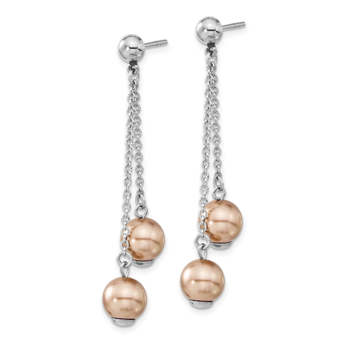 Pair of silver-tone dangle earrings with chain strands and rose-gold spherical pearl drops, shown against a white background.