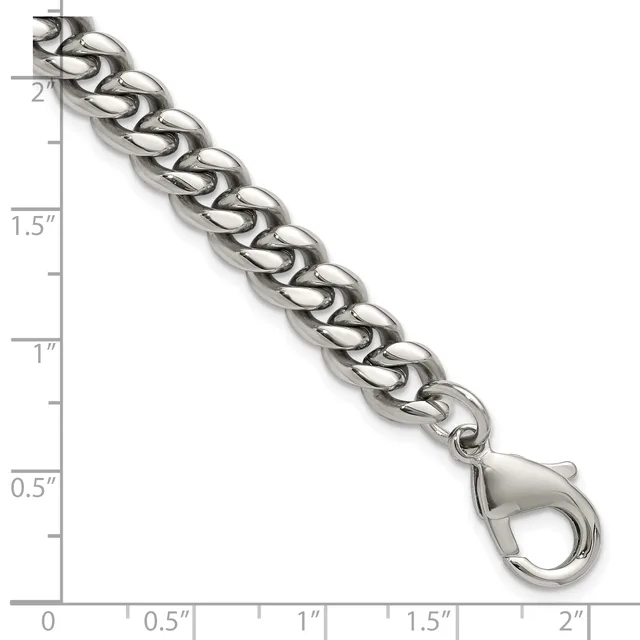 Silver-toned curb chain bracelet with a lobster clasp, shown against a ruler measuring approximately 2 inches in width.