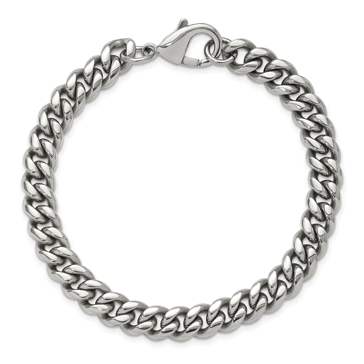 Silver-toned curb chain bracelet with lobster claw clasp closure, displayed against a white background.