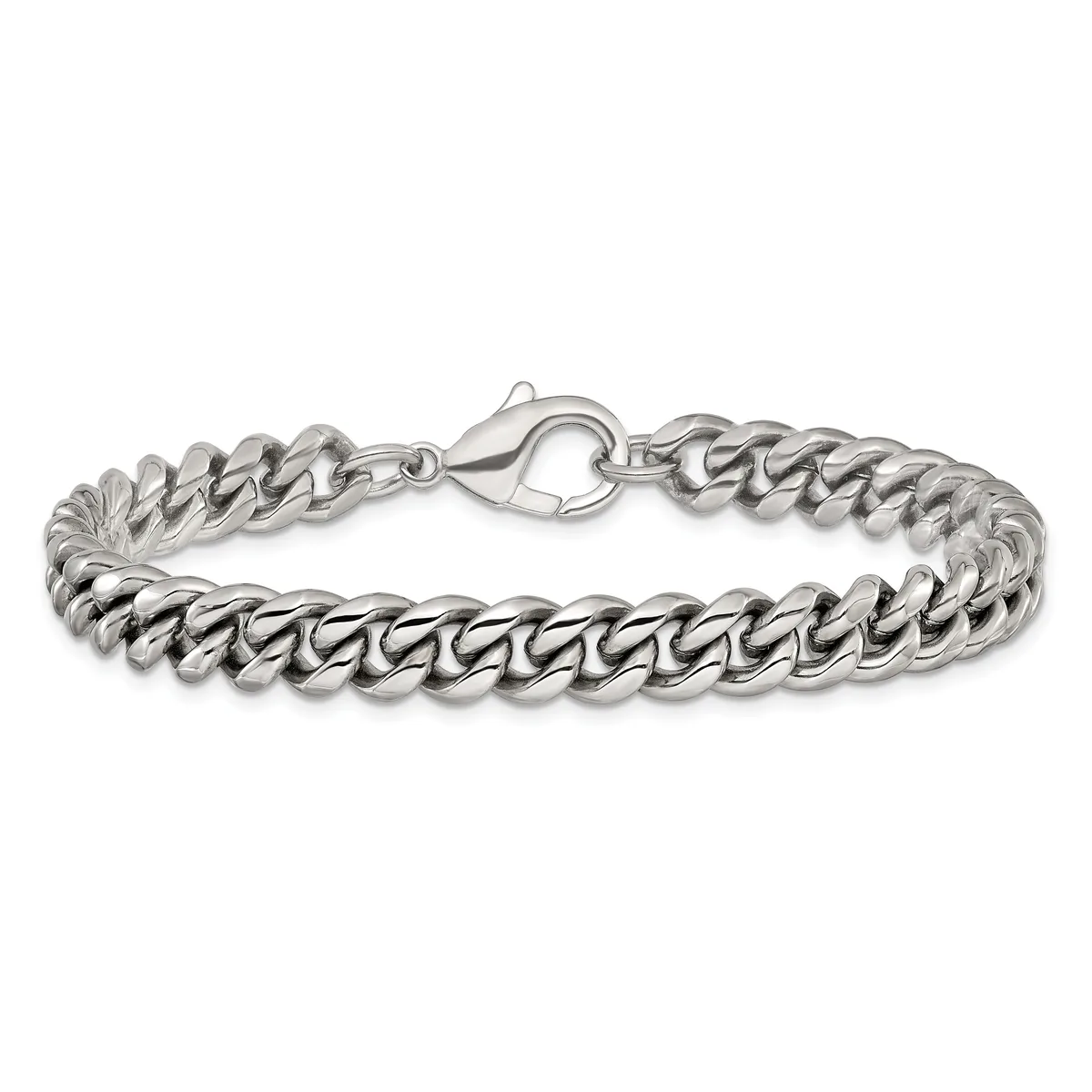 Silver-toned curb chain bracelet with a lobster claw clasp, displayed against a white background.