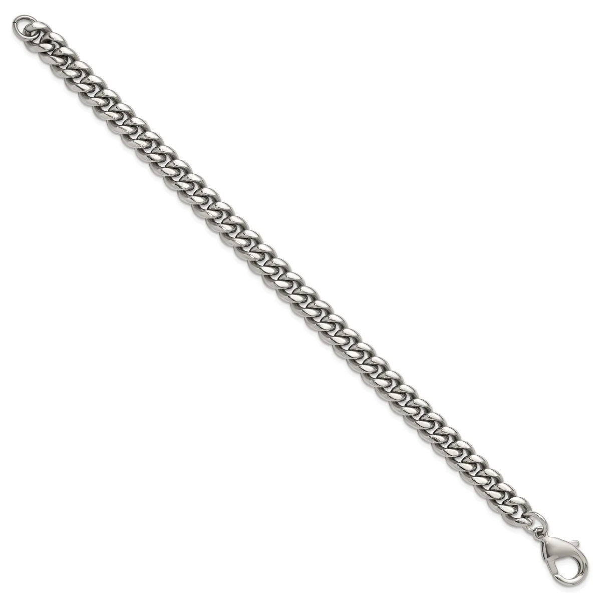 Silver-toned curb chain bracelet with lobster claw clasp, displayed diagonally against a white background.