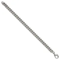 Silver-toned curb chain bracelet with lobster claw clasp, displayed diagonally against a white background.